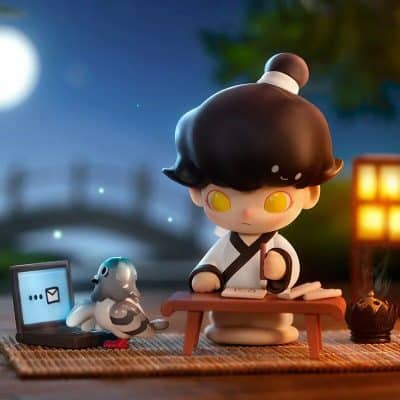 Cute monk figurine meditating with bunny, lamp, and moon, symbolizing tranquility and mindfulness. Perfect for meditation accessories and tranquil home decor.