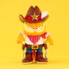 Playful cowboy cat toy with sheriff hat, red bandana, and boots, perfect for kids’ room decor and as a fun collectible. Bright yellow background highlights its adorable, whimsical design.
