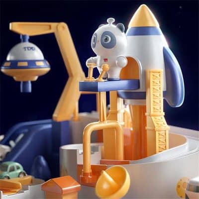 Colorful space-themed toy rocket with panda astronaut figure, space shuttle, and launch pad for children’s imaginative play and educational fun in a safe, durable design.