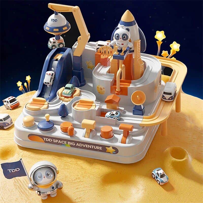 Colorful space-themed toy playset with rockets, cars, astronauts, and planets, perfect for children’s imaginative play and educational fun.