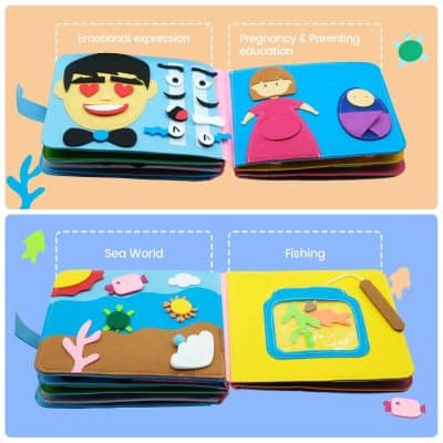 Bright, colorful felt educational book featuring scenes on emotional expression, pregnancy & parenting, sea world, and fishing, designed to engage children and promote early learning.