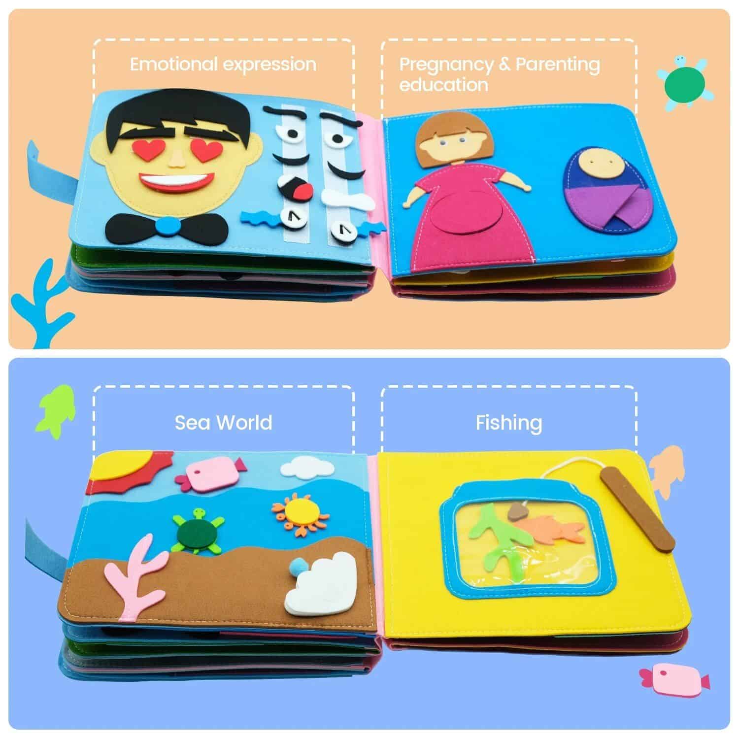 Bright, colorful felt educational book featuring scenes on emotional expression, pregnancy & parenting, sea world, and fishing, designed to engage children and promote early learning.