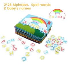 Colorful rainbow-themed felt baby name puzzle with alphabet, spelling words, and baby names for early learning and alphabet recognition. Bright educational toy for toddlers.