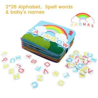 Colorful rainbow-themed felt baby name puzzle with alphabet, spelling words, and baby names for early learning and alphabet recognition. Bright educational toy for toddlers.