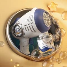 Colorful bubble gun toy producing bubbles for children’s play and entertainment, perfect for outdoor activities, parties, and birthday celebrations.