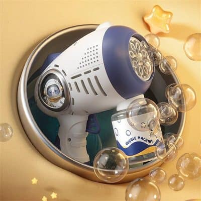 Colorful bubble gun toy producing bubbles for children’s play and entertainment, perfect for outdoor activities, parties, and birthday celebrations.