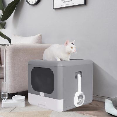 Modern automatic cat litter box for hygiene and comfort. Ideal for pet owners seeking a clean, odor-free space for their cats. Easy to use and maintain, perfect for home use.