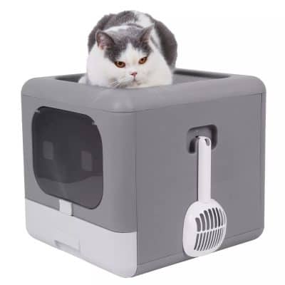 High-tech automatic cat litter box with remote control and app connectivity for efficient and hygienic pet waste management.