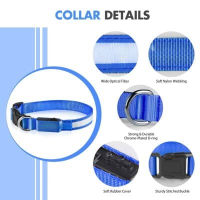 High-quality adjustable blue pet collar with durable acrylic fiber, soft nylon webbing, chrome-plated D-ring, soft rubber cover, and sturdy buckle for comfort and security.