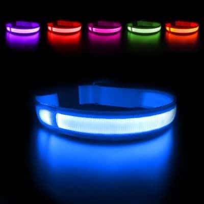 A colorful LED bracelet emitting vibrant glow lights in blue, purple, red, pink, green, and orange, ideal for parties, concerts, or night events.