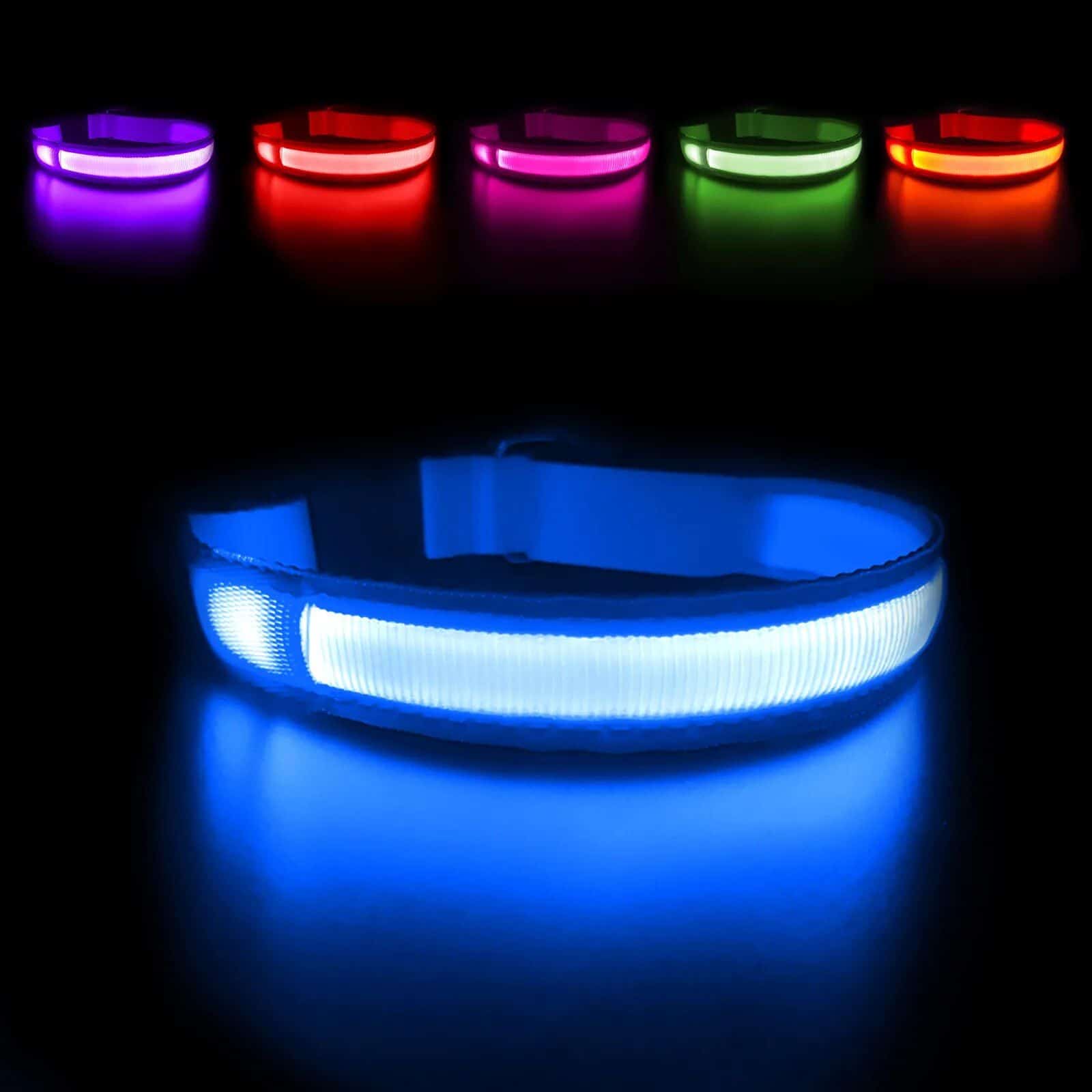 A colorful LED bracelet emitting vibrant glow lights in blue, purple, red, pink, green, and orange, ideal for parties, concerts, or night events.