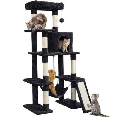 Black and beige cat activity tree with multiple levels, scratching posts, and hanging toys, perfect for indoor cats to climb, play, and rest.