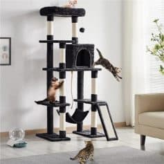 An indoor multi-level cat tree with scratching posts, cozy hideouts, and lounging platforms, ideal for cats to play, climb, and relax in a modern home.