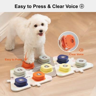 An interactive pet toy with easy-to-press buttons and clear voice function for dogs and cats, enhancing playtime and communication. Perfect for pet owners seeking engaging, user-friendly pet accessories.