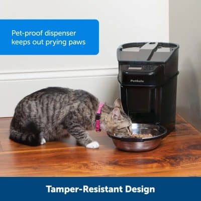 Pet-safe cat food dispenser keeps paws away from food, featuring tamper-resistant design perfect for cats and small pets to prevent prying paws.