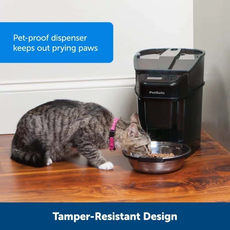 Pet-safe cat food dispenser keeps paws away from food, featuring tamper-resistant design perfect for cats and small pets to prevent prying paws.