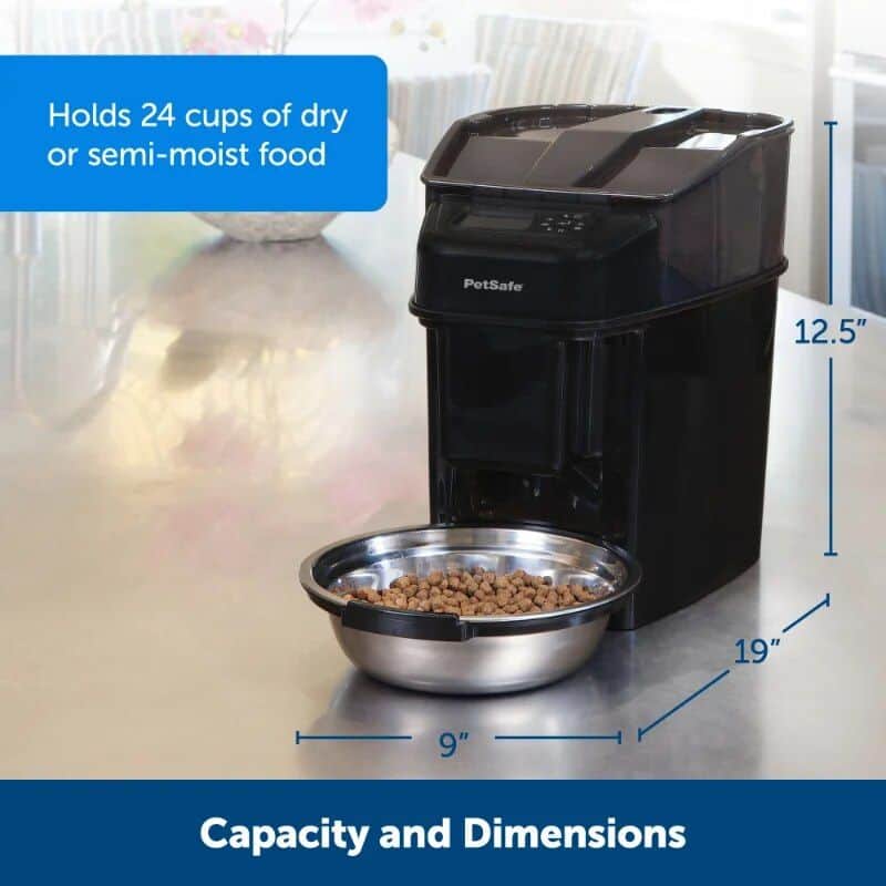 High-resolution image of PetSafe automatic pet feeder showing food bowl and digital controls.