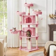 Stylish pink multi-level cat tree with cozy perches, hideouts, and scratching posts for indoor cats. Perfect for playful and relaxing moments.