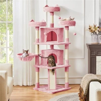 Cat tree tower, multi-level pet condo, and play structure with sisal scratching posts for cats' fun and exercise. Perfect for indoor cats, providing entertainment and a cozy space.