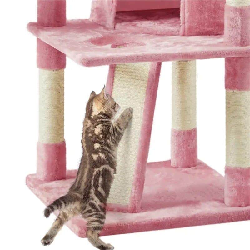Durable pink cat tree with scratching posts and a cozy hideaway for pets. Perfect for cats to play, scratch, and relax. High-quality materials ensure long-lasting fun for your feline friends.