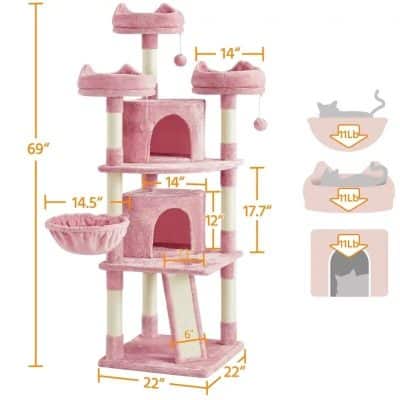 Highly durable pink cat tree with multiple platforms, hideouts, and cozy beds, perfect for your feline's play and relaxation needs in a stylish design.