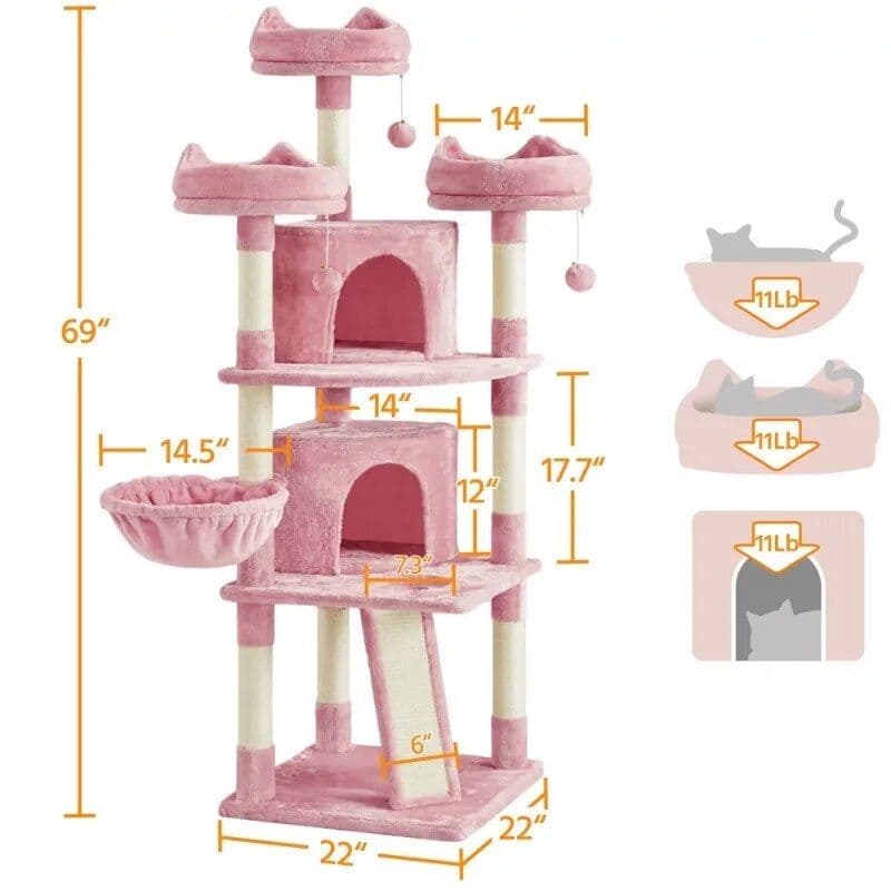 Highly durable pink cat tree with multiple platforms, hideouts, and cozy beds, perfect for your feline's play and relaxation needs in a stylish design.