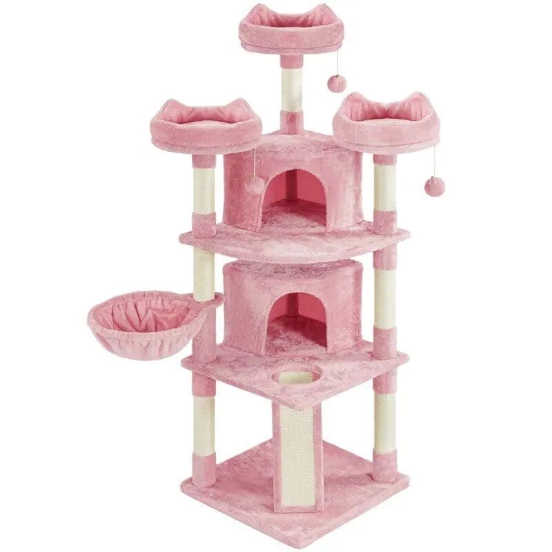 Pink plush cat tree with multiple perches, cozy nested platforms, and hanging toys for cats. Perfect for play, climbing, and resting to keep your cat entertained and active.