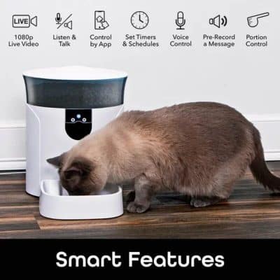 Smart pet feeder with app control for automatic pet feeding, voice control, timers, and scheduled feedings. Ideal for pet owners who want to ensure their pets are fed on time, keeping them healthy and happy.