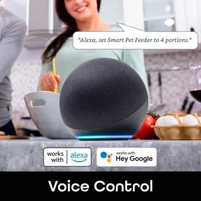 Voice-controlled pet feeder with Alexa compatibility for easy pet feeding management. Modern pet appliance seamlessly integrates with Hey Google for hands-free operation and convenience.