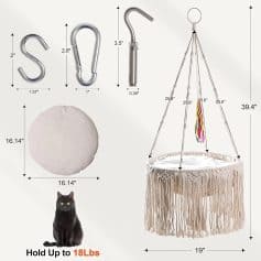 Durable hanging cat hammock with fringe, sturdy metal hooks, and soft cushion interior for ultimate comfort and safety, suitable for pets up to 18 lbs, ideal for stylish pet spaces.
