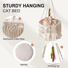 High-quality handmade cotton rope hanging cat bed with soft cushion for comfort and durability, perfect for indoor cat lounging and play.