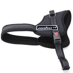 High-quality black reflective dog harness with adjustable strap, secure buckle, and comfortable padding, ideal for walking and training pets safely. Perfect for pet owners seeking durable, reflective dog accessories.