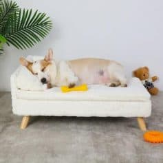 Dog resting on soft pet bed with toys, highlighting pet comfort and accessories available at Monalisa Store for pet lovers.