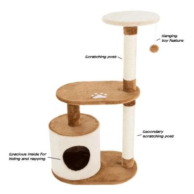Brightly colored cat tree with scratching posts, hanging toy, and cozy hideaway for feline entertainment and exercise. Perfect for indoor cats to scratch, climb, and nap.