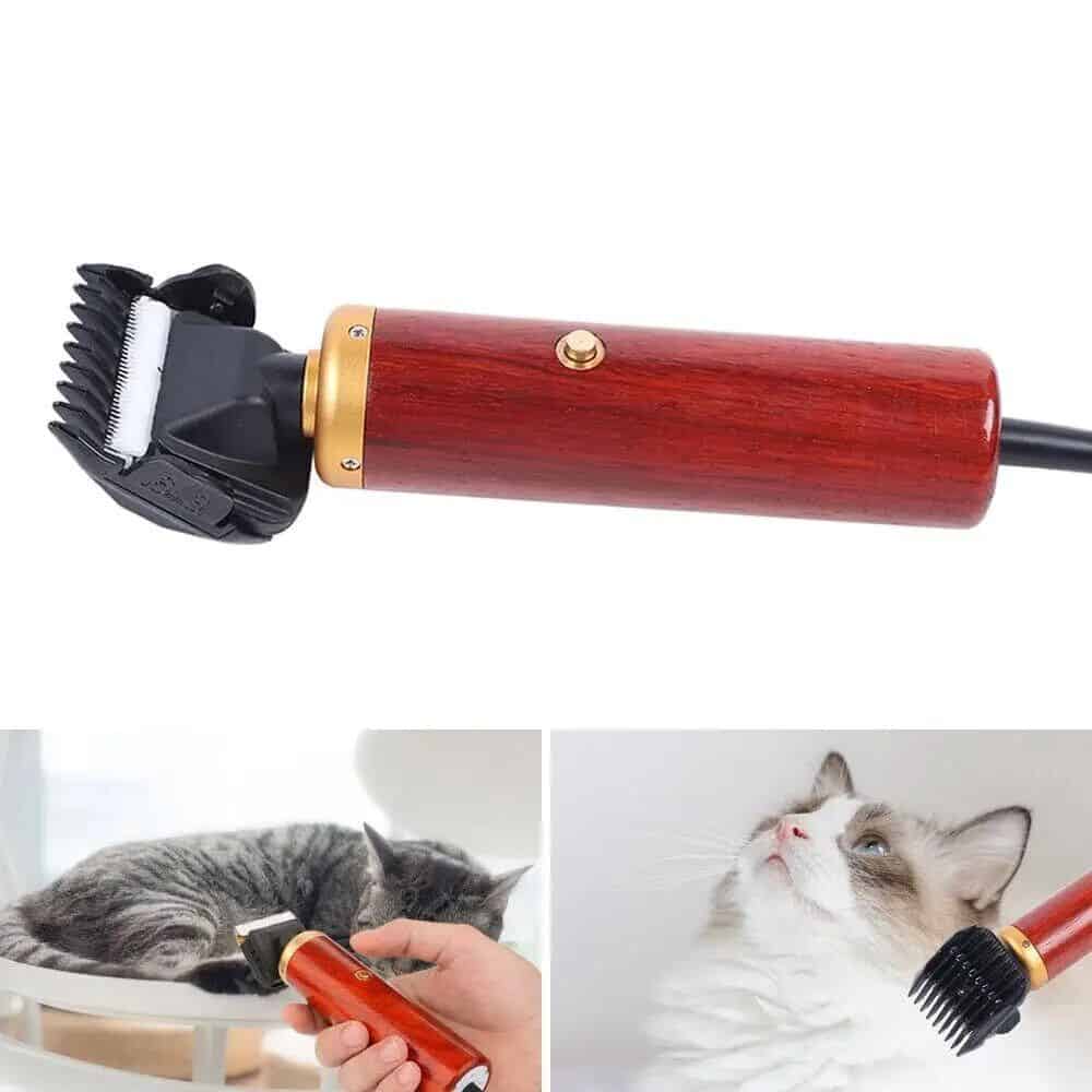 Electric pet grooming clipper for cats and dogs, ergonomic wooden handle, ideal for trimming and grooming pets at home or in professional salons.