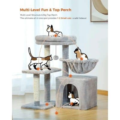 A modern multi-level cat tree with cozy hideouts and plenty of space for cats to climb, scratch, and relax. Designed for comfort and entertainment, perfect for feline enrichment.