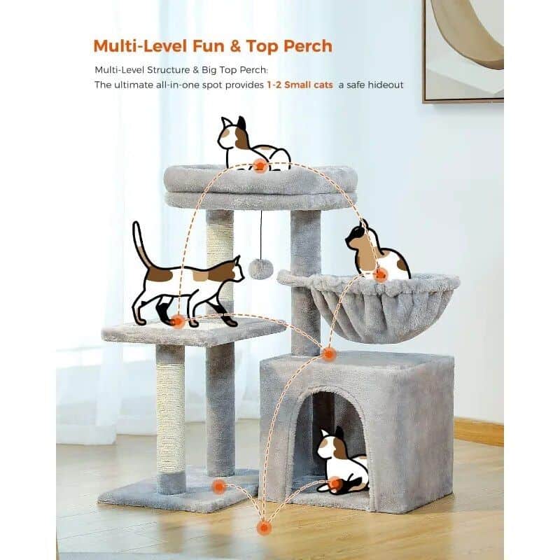 A modern multi-level cat tree with cozy hideouts and plenty of space for cats to climb, scratch, and relax. Designed for comfort and entertainment, perfect for feline enrichment.