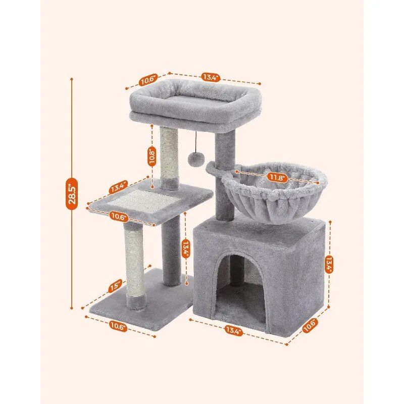 A comprehensive cat tree with multiple levels, scratching posts, and cozy hideouts, perfect for keeping your feline entertained and comfortable.
