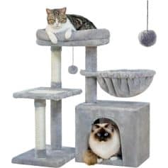 Versatile and cozy cat tree with multiple platforms, resting spots, and enclosed cubicle featuring two adorable cats. Perfect for providing entertainment, climbing, and restful space for cats.