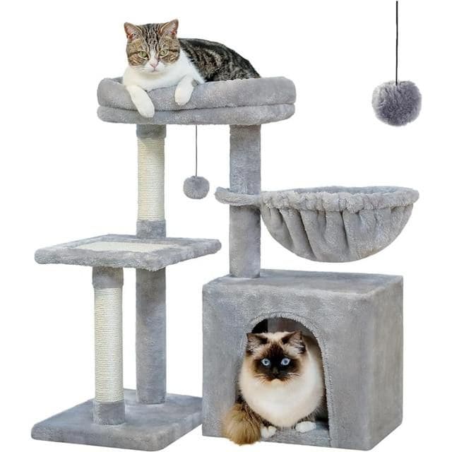 Versatile and cozy cat tree with multiple platforms, resting spots, and enclosed cubicle featuring two adorable cats. Perfect for providing entertainment, climbing, and restful space for cats.