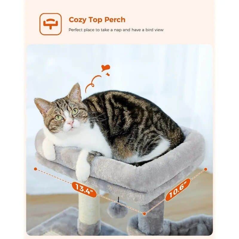 Soft, comfortable cat perch for resting and bird-watching. Spacious platform with measurement details for perfect fit. Ideal for cats to nap and relax while observing surroundings.