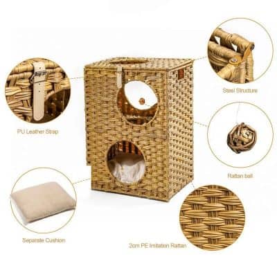 Durable wicker pet shelter with steel structure, leather straps, and soft cushion for comfort. Ideal for small pets, featuring ventilation holes and handcrafted rattan design for stylish outdoor or indoor use.