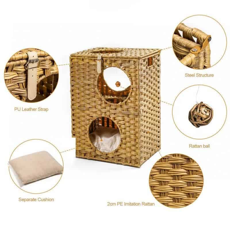 Durable wicker pet shelter with steel structure, leather straps, and soft cushion for comfort. Ideal for small pets, featuring ventilation holes and handcrafted rattan design for stylish outdoor or indoor use.