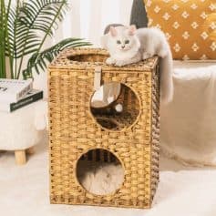 Luxurious cat tower with multiple levels and cozy hideouts, perfect for cats to play, climb, and relax. Made of durable, stylish wicker for a modern look that complements home decor.