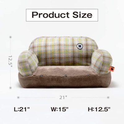 Soft, pet-friendly sofa bed for cats and small dogs, ideal for comfortable lounging. Features plaid fabric design, measures 21 inches wide, 12.5 inches high, 15 inches deep, perfect for pet relaxation.