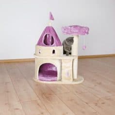 Elegant pet cat tree with a castle design, scratching post, and hanging toy, perfect for cats' play and relaxation. Stylish addition to home decor while keeping cats entertained.