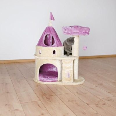 Elegant pet cat tree with a castle design, scratching post, and hanging toy, perfect for cats' play and relaxation. Stylish addition to home decor while keeping cats entertained.