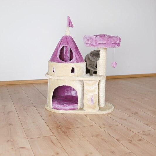 Elegant pet cat tree with a castle design, scratching post, and hanging toy, perfect for cats' play and relaxation. Stylish addition to home decor while keeping cats entertained.