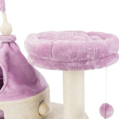 Cat tree with plush pink scratching post and cozy bed for cats to relax and play.