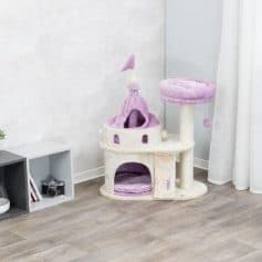 Soft purple and cream multi-level cat tree with scratching posts and cozy hideouts, perfect for cats to play, scratch, and rest indoors.